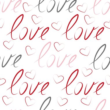Pembe arka planda kırmızı, beyaz ve siyah renklerde aşk sözcüğünün olduğu kusursuz bir model.