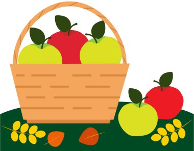 Çizgi film tarzında yeşil ve kırmızı elmalı saman sepetinin vektör çizimi