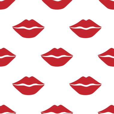 Kırmızı dudaklı, beyaz arkaplanda izole edilmiş vektör pürüzsüz desen. Retro cazibe kırmızı dudaklar duvar kağıdı