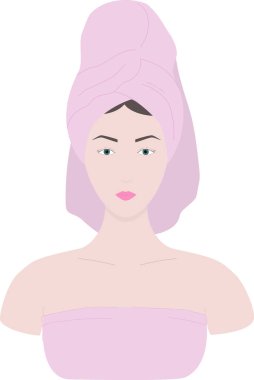 Kafasında havlu ve banyo havlusu olan genç bir kadın. Ev güzelliği rutini. Ev spa prosedürü