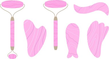 Gül kuvars silindiri ve Gua sha taşları ve yüz ve vücut masajı için silindirler. 
