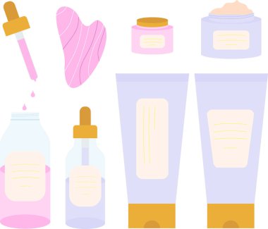 Organik cilt bakım ürünleriyle vektör klipsi, Gua sha taşı, yüz yağı, yüz kremi, masaj yağı, serum, göz kremi, maske. Ev güzeli cilt bakımı rutini.