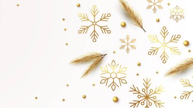 Altın çam yaprakları ve kar taneleriyle temiz yeni yıl tasarımı