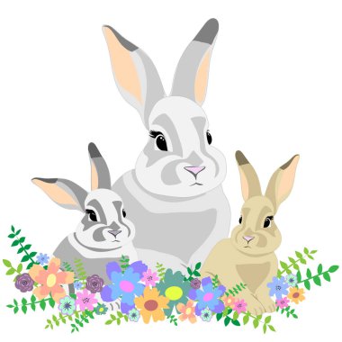 Çiçekli şirin tavşanlardan oluşan bir aile Pastel kartpostal