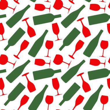 Beyaz arka planda yeşil şişeli ve kırmızı gözlüklü kusursuz şarap deseni.