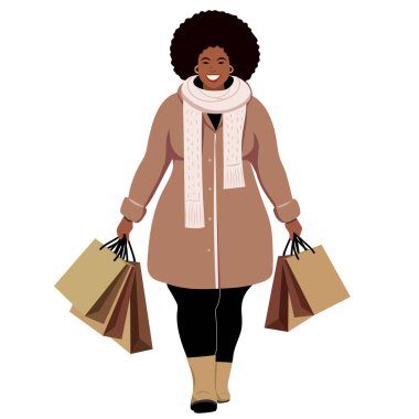 Elinde bej paketler olan Afro-Amerikalı bir kadın. Dükkandan ekolojik paket. Alışverişe. Vektör illüstrasyonu