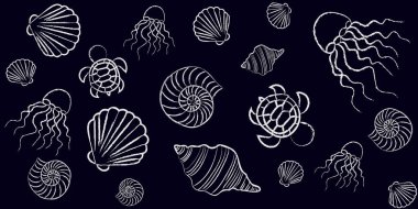 Koyu mavi tebeşirle kaplanmış deniz kabukları ve deniz hayvanlarıyla kusursuz bir arka plan.