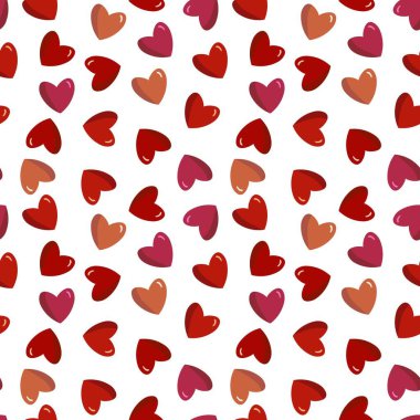 Beyaz arka planda pembe ve kırmızı kalpleri olan kusursuz desenli sevgililer günü kırmızı konfeti, düz konfeti, üst manzara. Kart, web tasarımı, tekstil