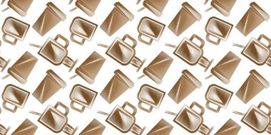 Doğrusal tarzda kağıt kahve fincanları ve cam bardakların kusursuz deseni. Modern içecekler bej rengi moka mus, ikonlar, web tasarımı.