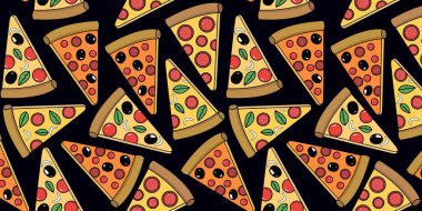 Web tekstil ya da kağıt tasarımı için siyah arka planda farklı pizza dilimlerinin kusursuz deseni