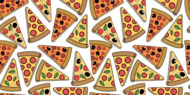 Web tekstil veya kağıt tasarım menü kafesi için beyaz arka planda farklı pizza dilimlerinin kusursuz deseni