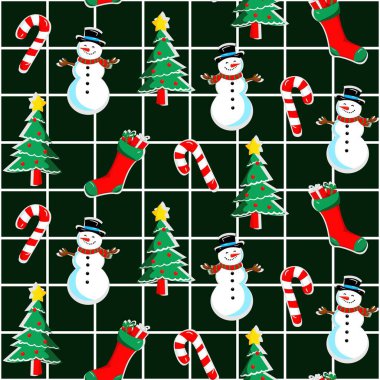 Kardan adam kafesinde kusursuz bir Noel deseni. Noel ağaçları, şeker kamışları, çoraplar, koyu yeşil arka plan, şenlik tasarımı, tekstil dokusu ve baskı.