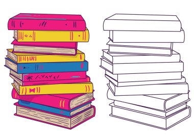 Canlı neon ve özet kitap yığınları vektör illüstrasyonları - kitap severler, öğrenim ve edebi tasarım için eğitim, kütüphane ve okuma konsepti