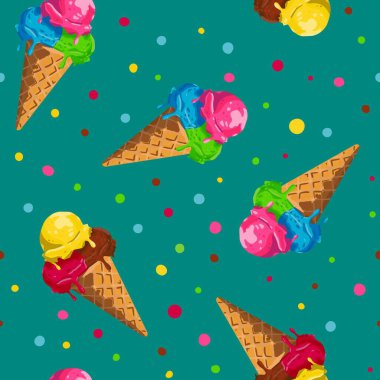 Kartlar, tekstil, ambalaj, duvar kâğıdı ve dijital tasarım için parlak bir arka planda erimiş kaşıkları olan kusursuz yaz dondurması desenli waffle külahları.