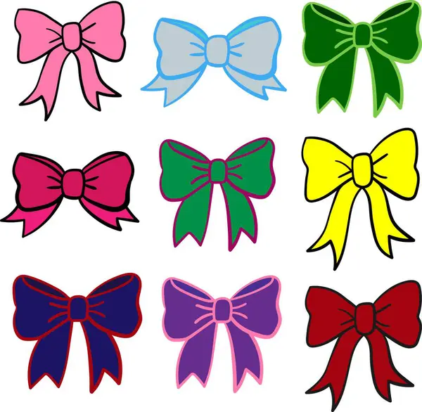 Renkli vektör yayları seti, tasarım için dekoratif kurdele parçası, hediye paketi, kutlama, moda aksesuarları, çıkartmalar, yapıştırma defteri, dijital grafikler