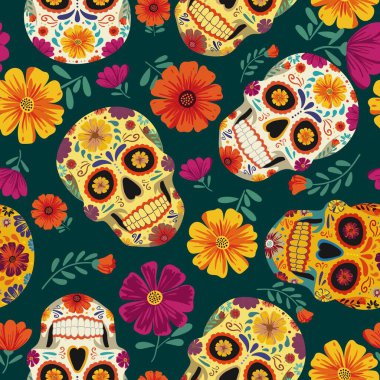 Meksika şekerli kafatasları ile süslenmiş koyu ve pürüzsüz desenli bir desen. Dia de los Muertos, Cinco de Mayo, Cadılar Bayramı ve tatil tasarım projeleri için mükemmel.