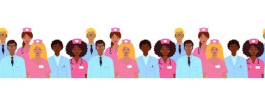 Tıp üniformalı çok kültürlü doktorların kusursuz izole vektör desenleri. Uluslararası Hemşireler Günü, sağlık hizmetleri değerlendirmesi ve hastane personeli tasarımı