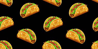 Kusursuz desen - taco Meksika geleneksel yemek koyu arka plan - cinco de mayonez web tasarımı tekstil