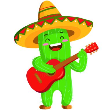 Sombrero takıp kırmızı gitar çalan komik bir Meksikalı kaktüs karakteri. Beyaz arka planda izole edilmiş şirin Cinco de Mayo festival illüstrasyonu, baskılar için mükemmel.