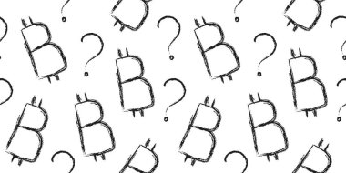 Bitcoin soru işareti şablonu: elle çizilmiş kripto para birimi sembolü ve sorgulama işareti olan kusursuz vektör tasarımı. grunge finansal geçmişi