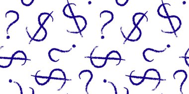 Dolar soru işareti deseni, elle çizilmiş para birimi sembolü ve soru işaretiyle kusursuz vektör tasarımı. Mavi kalem beyaz arka planda finansal altyapının çizimini izole etti