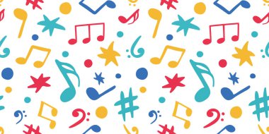 Beyaz arkaplan üzerindeki renksiz notalar, canlı karikatür melodisi ve çocuk için ritim tasarımı parti dekorasyonu, ambalaj kağıdı veya kumaş