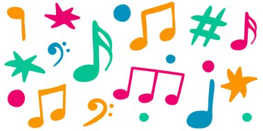 beyaz arkaplanda izole edilmiş renkli müzik notaları ve sembolleri, yaratıcı tasarım, eğitim, posterler ve baskı için modern vektör müzik öğeleri