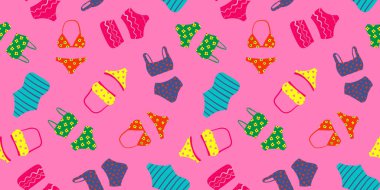 Pembe arka planda renkli mayoları olan kusursuz desenler, yaz plaj giysileri koleksiyonu, havuz partisi için eğlenceli tatil tarzı, tatil, tropikal tatil.