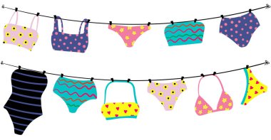 Çamaşır ipinde asılı yaz mayoları renkli sahil kıyafetleri koleksiyonu, beyaz arka planda izole edilmiş şirin bikini unsurları havuz partisi ve tatil tasarımı için