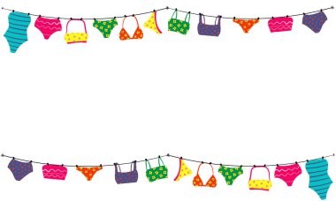 Renkli mayo çerçeve çerçeve çizimi, eğlenceli plaj giysisi asılmış mayolar, canlı ve eğlenceli moda arka planı fotokopi alanı, beyaz üzerine izole edilmiş