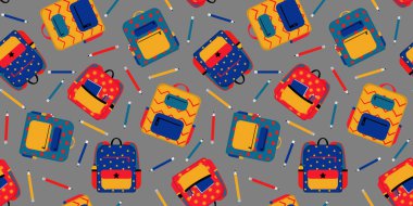 Renkli kalemler okul çantaları gri arka planda pürüzsüz desenler, modern öğrencilerin tasarımı, sırt çantaları, 1 Eylül 'de okul eğitimine geri dönüş konsepti.