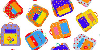 Okul sırt çantaları beyaz arka plan renksiz çizgi film desenleri, modern parlak sırt çantaları, okul öğrencilerinin eğitim konseptine geri dönüş, web tasarım kağıtları