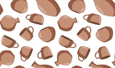 Beyaz arka planda terracotta çömlekçiliğinin kusursuz vektör deseni, sürahiler ve kupalarla tekrar eden tasarım, kırsal seramik doku çömlek atölyesi arka planda tekstil atölyesi