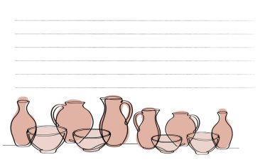 Seramik çanak çömlek çizgisi sanat vazoları ve kâseleri olan zarif pastel çerçeve, minimalist doğal mutfak kartı veya yumuşak toprak tonlarda poster şablonu, boho ev dekorasyonu