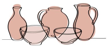 Minimalist çizgi sanat seramik çömlek nesneleri doğal toprak renklerinde, el yapımı kil kaseler ve vazolar beyaz arka planda izole edilmiş, modern boho mutfak dekorasyonu