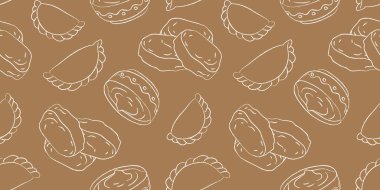 Açık kahverengi arka planda beyaz anahatlı Ukrayna şurubu ve Varenyky 'nin kusursuz vektör şablonu, peynir kreplerinin ve hamur köftelerinin tekrarlanan tasarımı, geleneksel mutfak dokusu