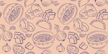 Açık bej arka planda kusursuz vektör desenli Ukrayna yemek anahatları, borscht, varenyky, holubtsi, salo, sarımsak, soğan, geleneksel mutfak, mavi kalemle tekrarlanan tasarım