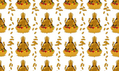 Altın çizgi zarif diwali festivali beyaz arkaplan tasarımında kusursuz desen tanrıça lakshmi meyve ve sikkelerle, tekstil arka planında dekor için