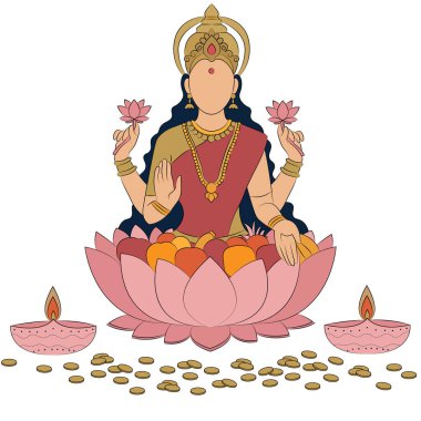 Renkli izole vektör illüstrasyonu - Pembe nilüfer lambası üzerinde tanrıça lakshmi puja Pembe diyas altın sikkeler, diwali festivali tasarım elementi