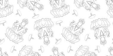 diwali hatsız desen tanrıça lakshmi ile lotus ve yağ lambaları, el çizimi siyah beyaz vektör renklendirme veya dekorasyon için tasarım