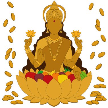 Altın Lakshmi Puja vektörü Diwali Hindu refah tanrıçası nilüfer çiçekleri ve sikkelerle kaplı, kutsal şenlikli sanat eserleri