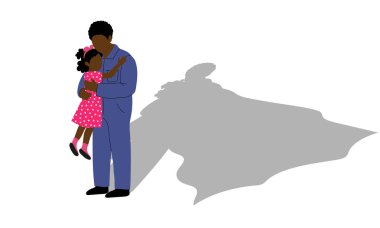 Babalar Günü 'nde siyah çizgili resim çizimi yapan inşaat işçisi baba iki mutlu kızı kucaklıyor, aile sevgisi ve koruma, çocuklar için kız çizimi günü.