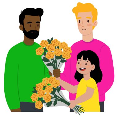 Babalar Günü 'nü ya da doğum gününü kutlayan iki baba ellerinde sarı güller olan kız modern eşcinsel bir ailenin dokunaklı bir örneği.