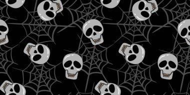 Cadılar bayramının kusursuz deseni, stilize olmuş kafatasları, örümcek ağları, siyah arka plan, tatil tasarımı, karikatür iskeleti, örümcek ağı resimli ambalaj kağıdı.