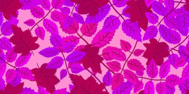 Pembe ve mor yapraklı pürüzsüz glamur deseni açık pembe arkaplan, canlı bahar yaprakları tasarımı, renkli yaprak illüstrasyon kağıdını tekrarlayan tekstil