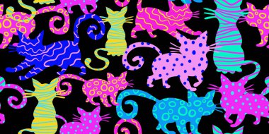 Renkli saykodelik kedileri olan soyut ve kusursuz desenler ve siyah arka planda dönen sanat modelleri, tekstil için canlı sürrealist kedi tasarımı, ambalaj kağıdı.