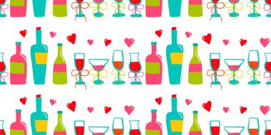 Çizilmiş şarap kadehleri, şişeler, kalpler beyaz arka plan kartpostalları, duvar kağıdı tasarımı.