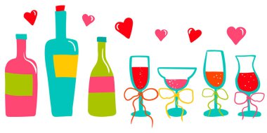 Romantik izole vektör seti şarap şişeleri, gözlükler beyaz arka plan sanat arkaplan sevgililer günü kutlaması tasarımı
