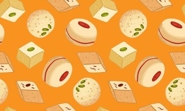 Halwa mithai turuncu arka plan, tatlı doğu yemekleri gibi geleneksel Hint tatlılarının kusursuz desenleri.