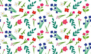 Şirin, parlak, modern desenli çiçek desenli el çizimi çiçekler ve tekstil kartpostalları için yapraklar web tasarım afişleri.